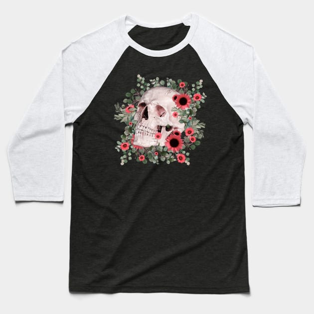 Skull and pink daisy, sugar skull and flowers Baseball T-Shirt by Collagedream